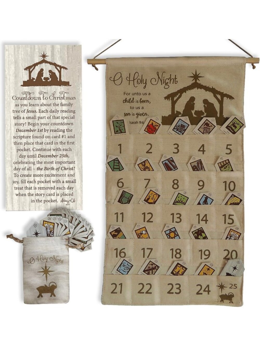Fabric Advent Calendar with Manager Tag - Festive Holiday Decor & Gift Idea